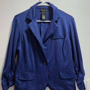 Metaphor brand royal blue blazer featuring notch lapels and ruched sleeves.